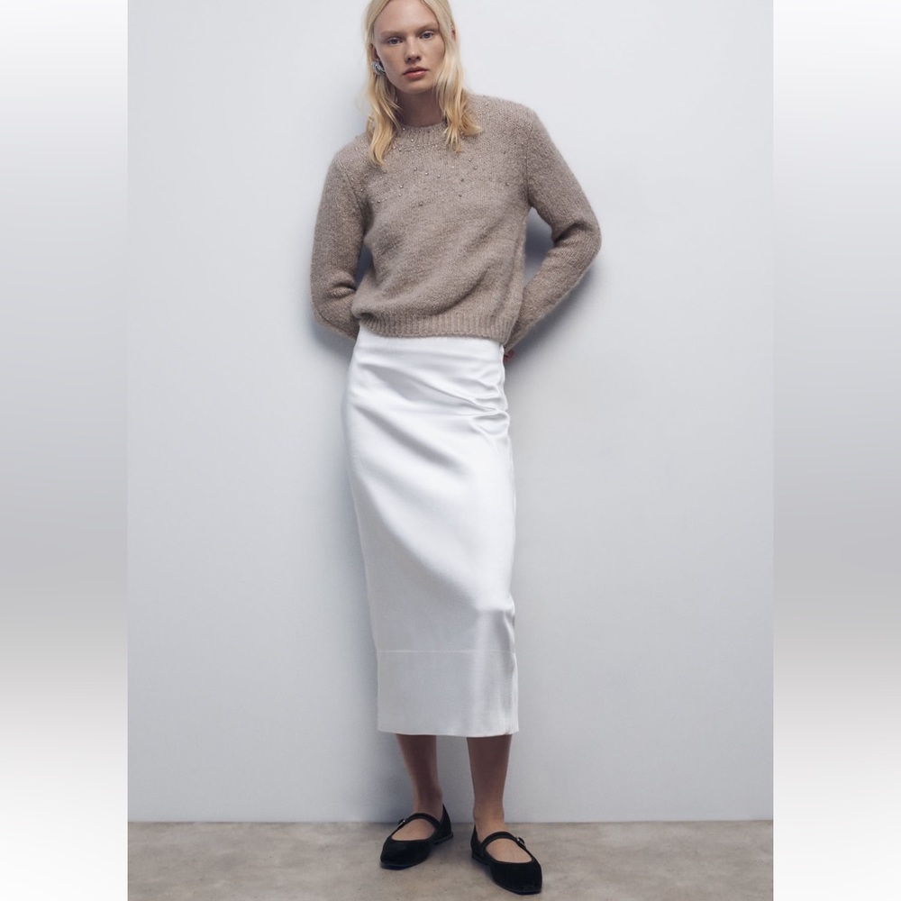 Zara Satin Effect High Waist Midi Skirt Back slit Oyster White Thick NWT - Picture 6 of 16